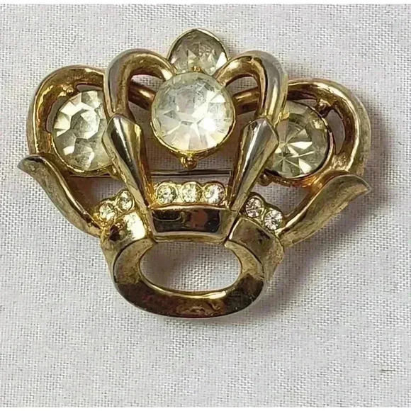 Vintage Brooch Gold Filled Crown Gold Overlay Rhinestones Queens Jubilee - Picture 1 of 7